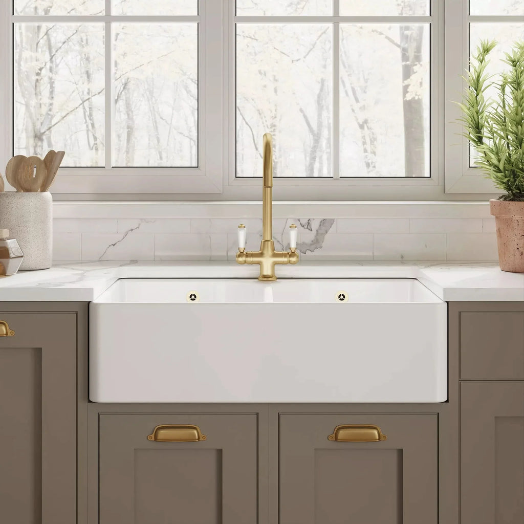 Inspire 795mm Double Bowl Butler Sink With Full Weir And Overflow - 1 Tap Hole - White
