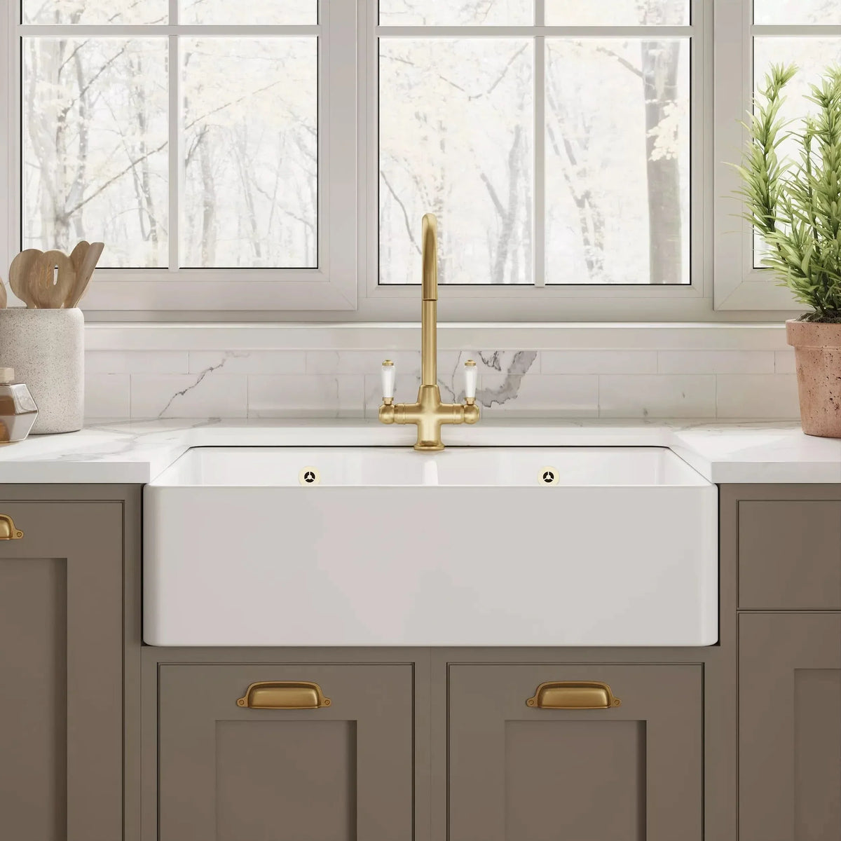 Inspire 795mm Double Bowl Butler Sink With Full Weir And Overflow - 1 Tap Hole - White