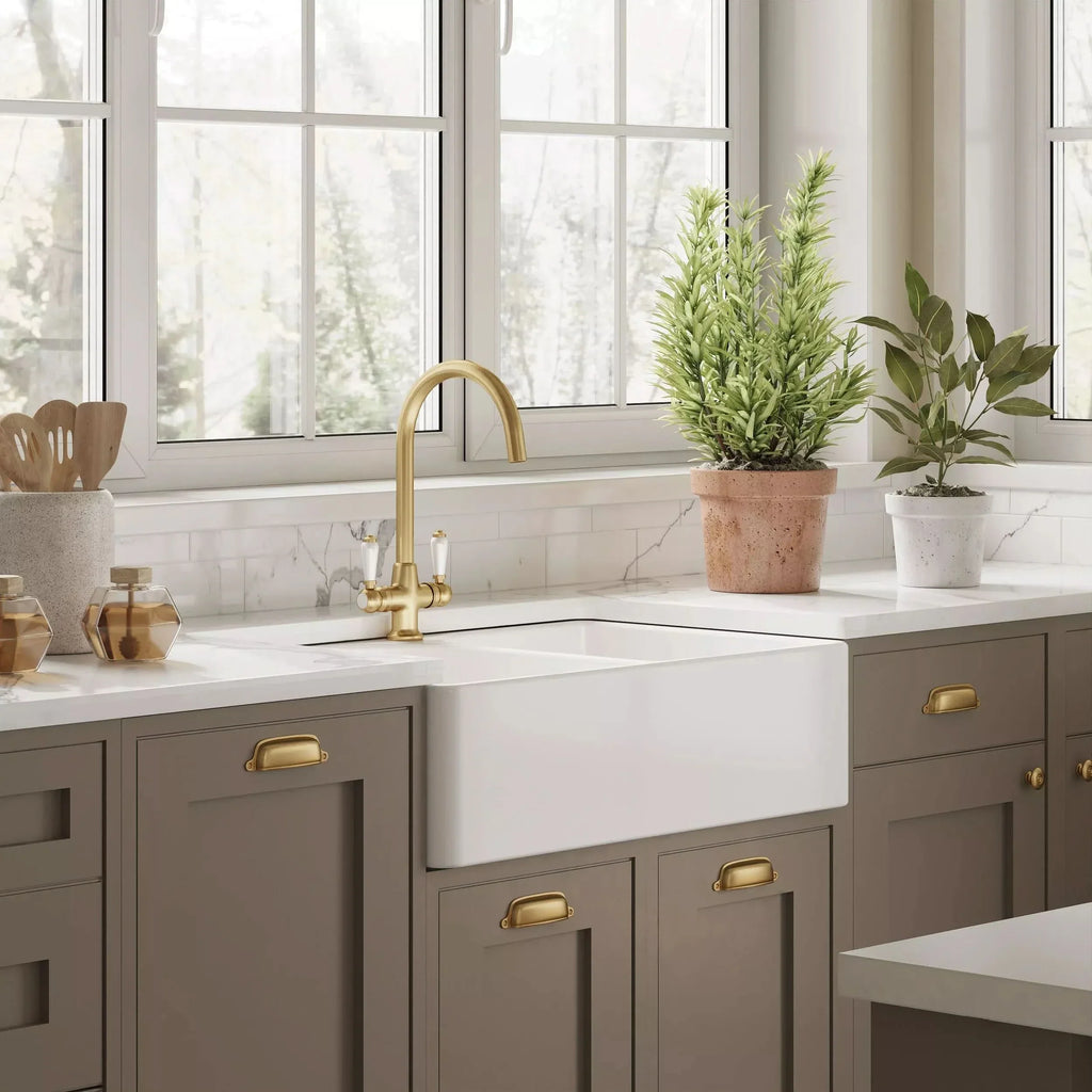 Inspire 795mm Double Bowl Butler Sink With Full Weir And Overflow - 1 Tap Hole - White