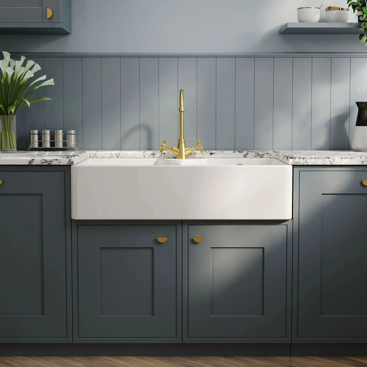 Inspire Double Bowl Butler Sink With Stepped Weir And Overflow - 1 Tap Hole - White