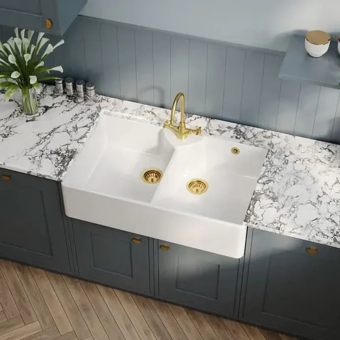 Inspire Double Bowl Butler Sink With Stepped Weir And Overflow - 1 Tap Hole - White