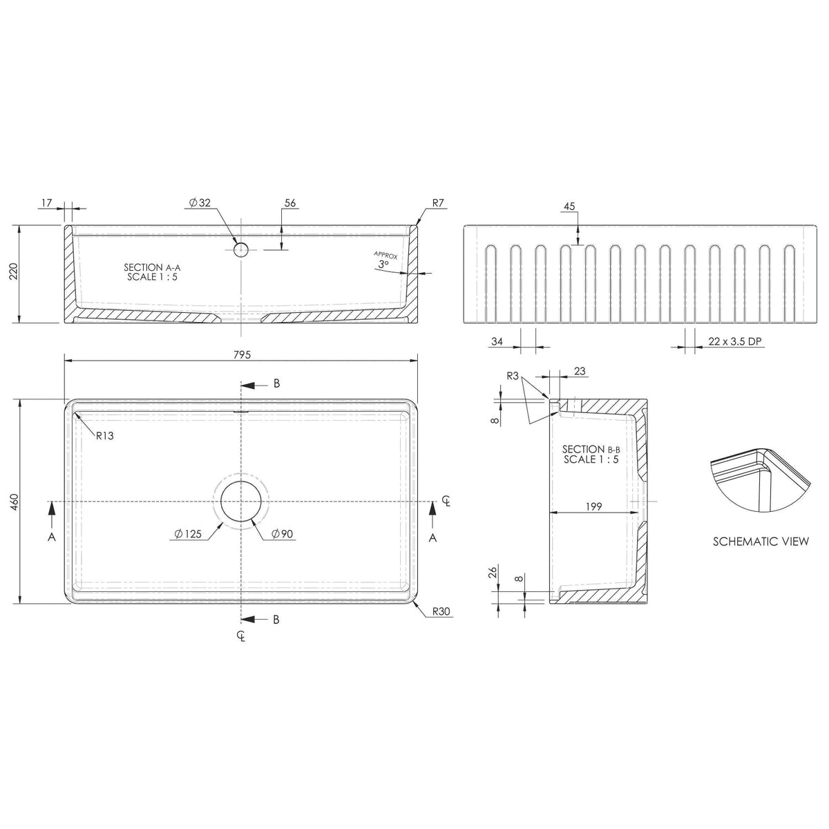 Inspire Butler Sink With Ledge, Wire Grid And Chopping Board - White