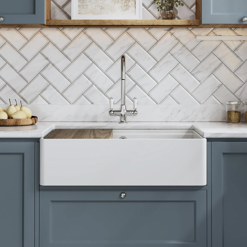 Inspire Butler Sink With Ledge, Wire Grid And Chopping Board - White