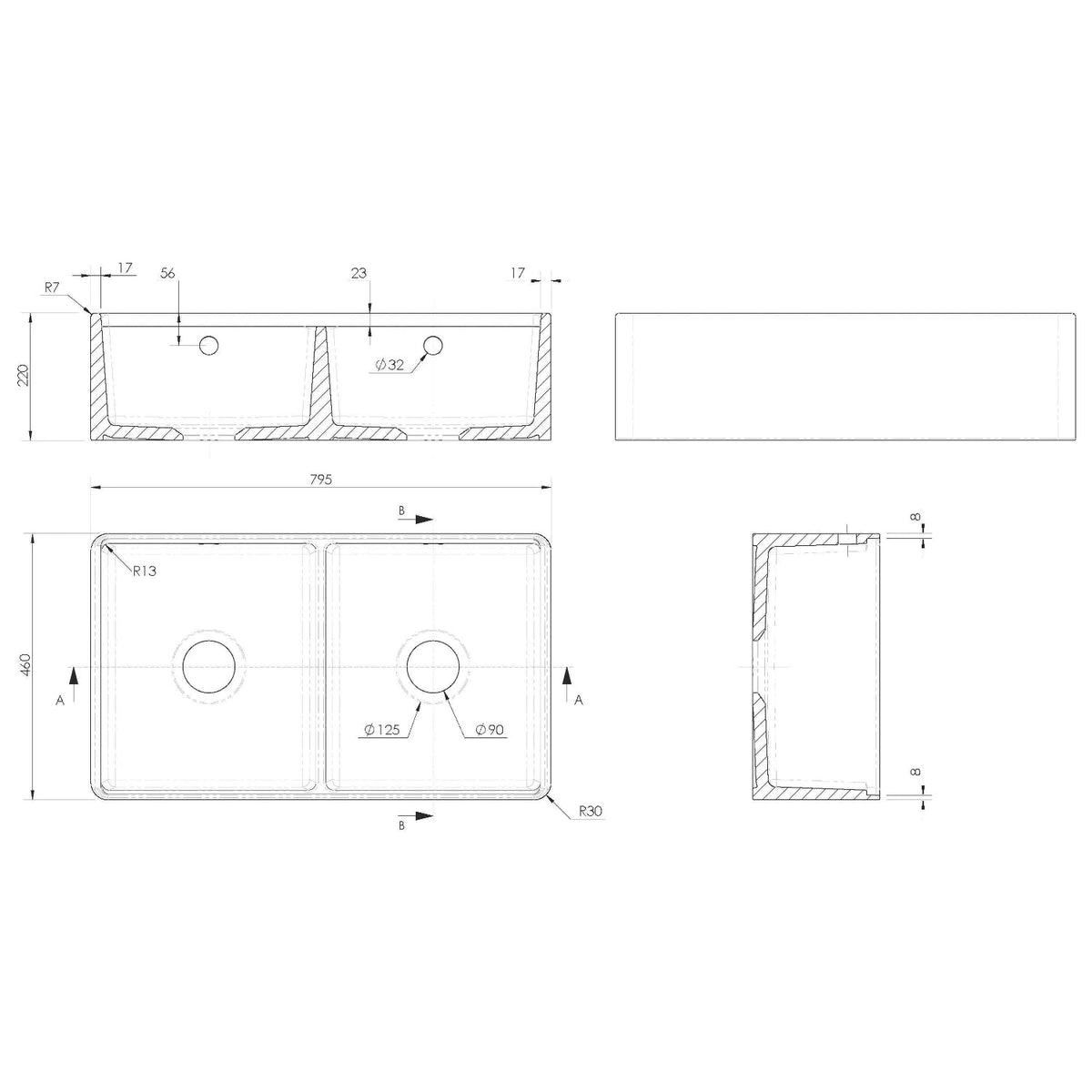 Inspire Butler Sink With Ledge, Wire Grid And Chopping Board - White