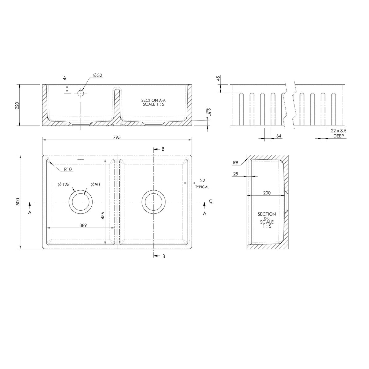 Inspire 795mm Double Bowl Fluted Butler Sink With Central Wastes And Overflow - White