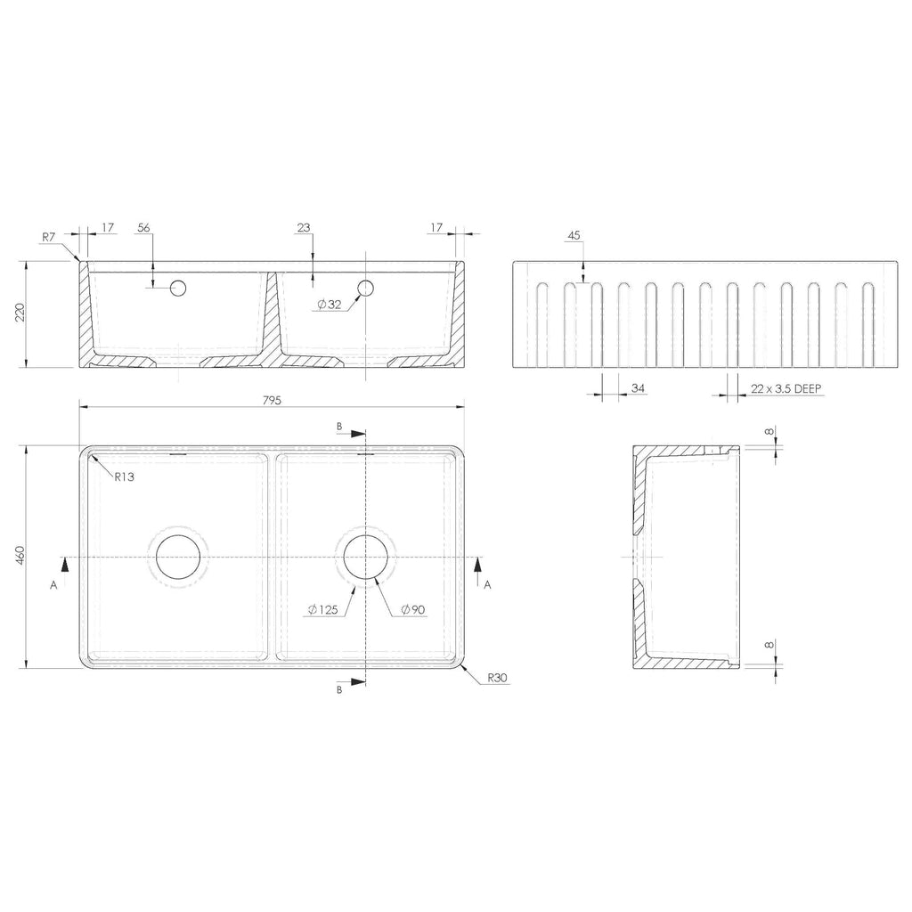 Inspire Fluted Butler Sink With Ledge - White