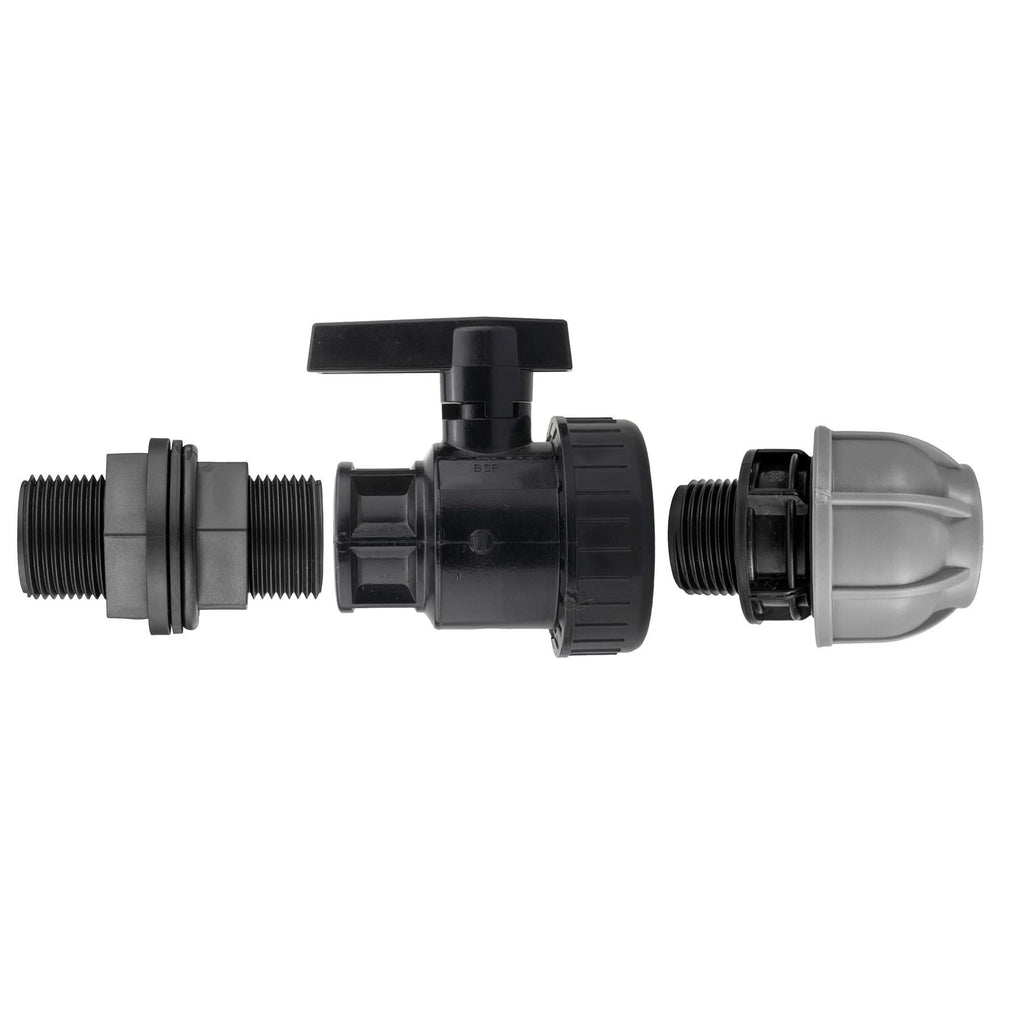 ¾” BSP Water Butt Fitting with Full Flow PP Valve and 32mm MDPE Fitting