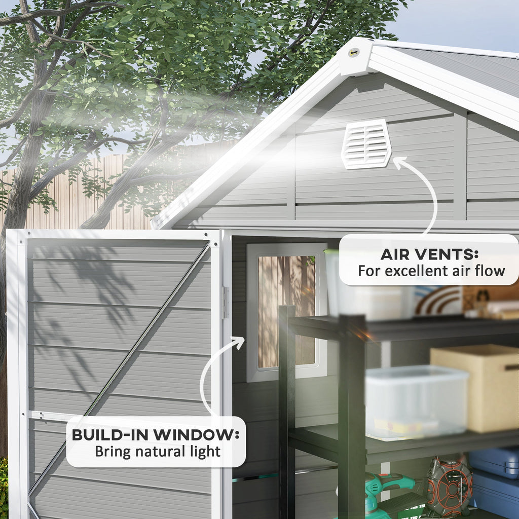 8 x 6ft Plastic Garden Storage Shed w/ Foundation Kit, Ventilation Slots & Lockable Door, Light Grey