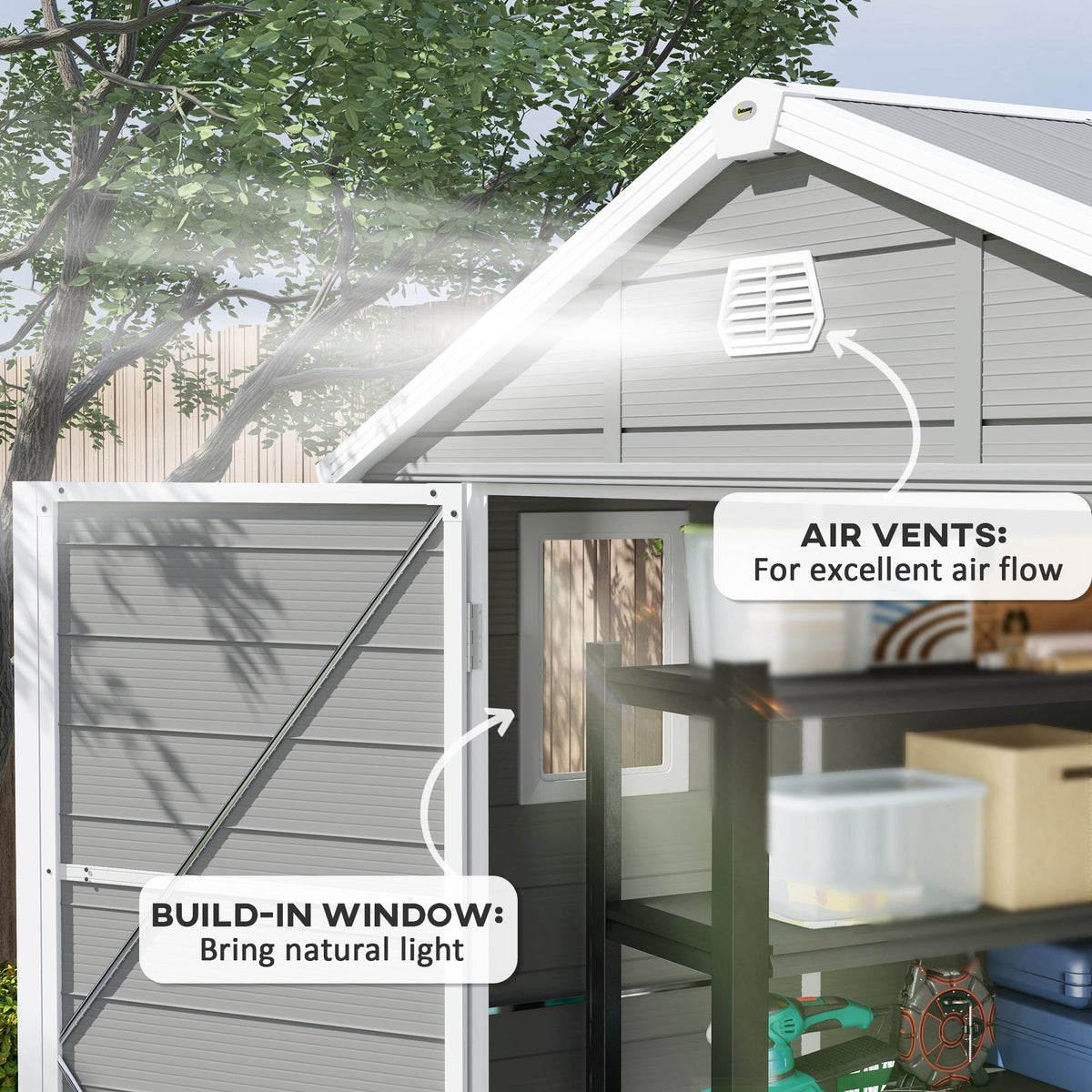 8 x 6ft Plastic Garden Storage Shed w/ Foundation Kit, Ventilation Slots & Lockable Door, Light Grey