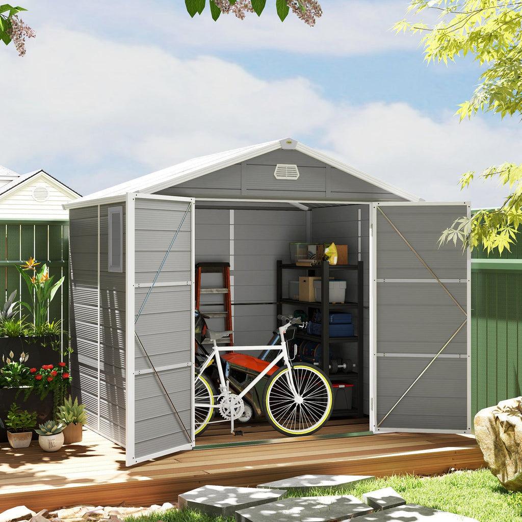 8 x 6ft Plastic Garden Storage Shed w/ Foundation Kit, Ventilation Slots & Lockable Door, Light Grey