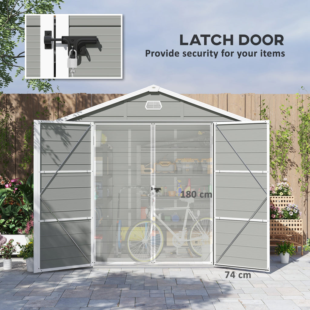 8 x 6ft Plastic Garden Storage Shed w/ Foundation Kit, Ventilation Slots & Lockable Door, Light Grey