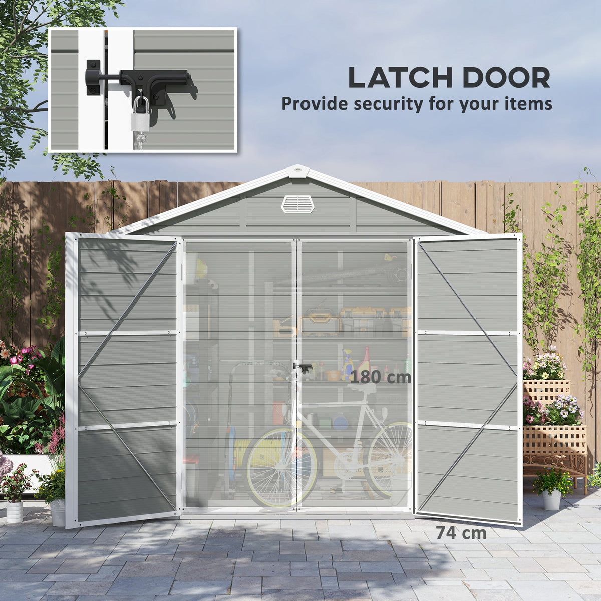 8 x 6ft Plastic Garden Storage Shed w/ Foundation Kit, Ventilation Slots & Lockable Door, Light Grey