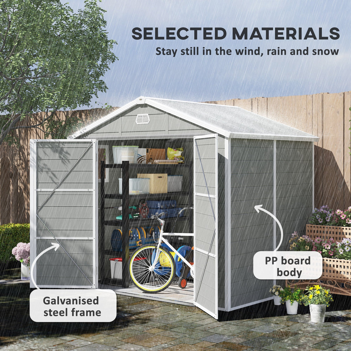 8 x 6ft Plastic Garden Storage Shed w/ Foundation Kit, Ventilation Slots & Lockable Door, Light Grey