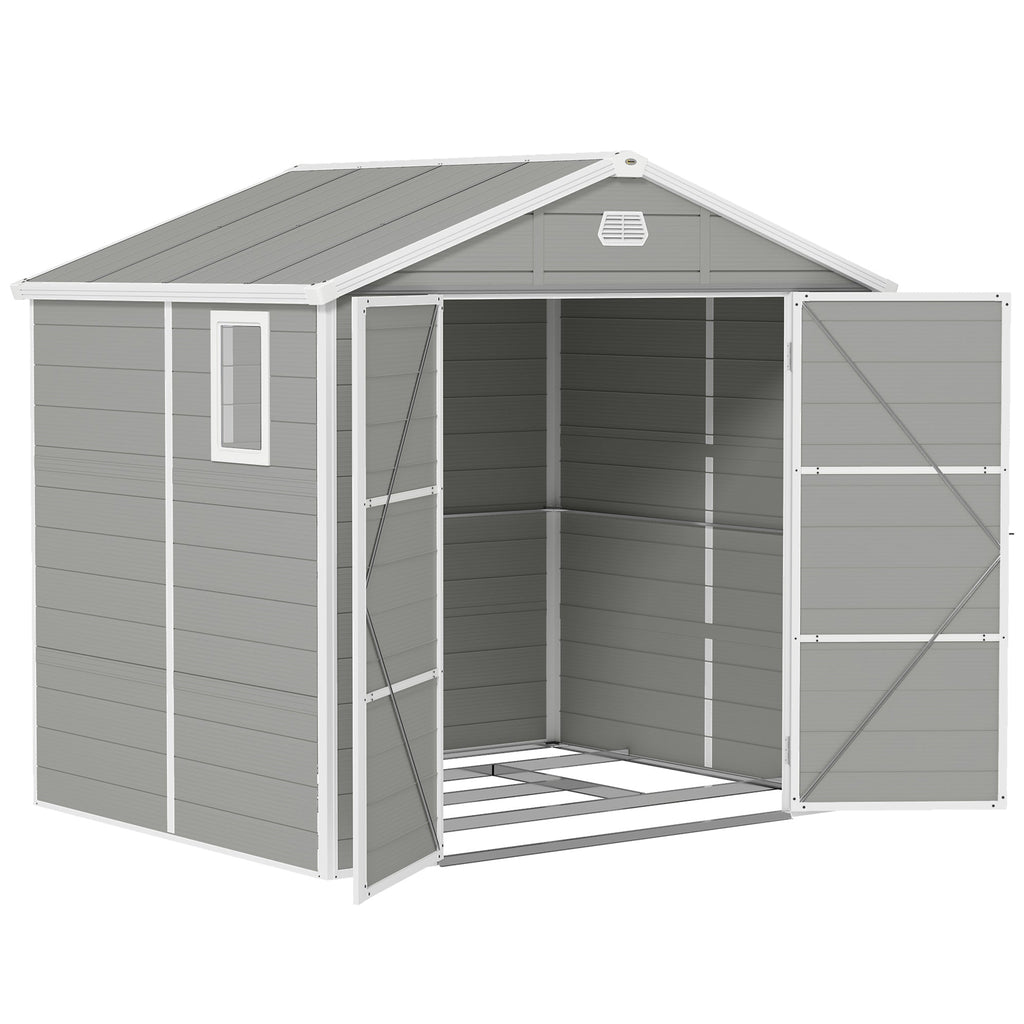 8 x 6ft Plastic Garden Storage Shed w/ Foundation Kit, Ventilation Slots & Lockable Door, Light Grey