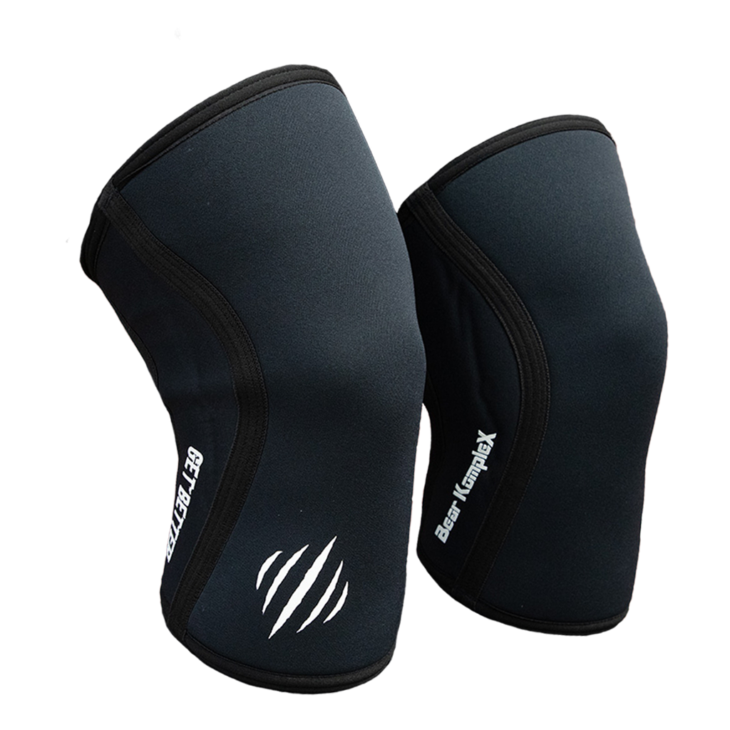 Black knee sleeves with brand logo on a white background