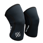 Black knee sleeves with brand logo on a white background
