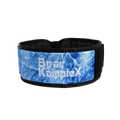 Black weightlifting belt with blue marble pattern and 'Bear KompleX' branding on a white background