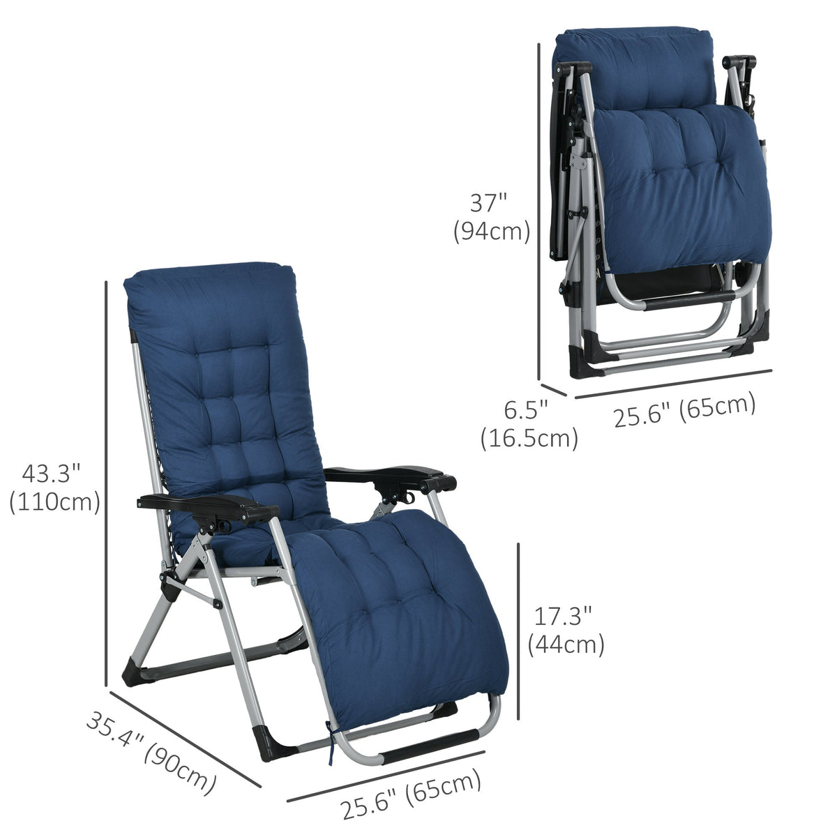 Reclining Zero Gravity Chair Set of 2, Folding Garden Chairs Set w/ Cushion, Dark Blue