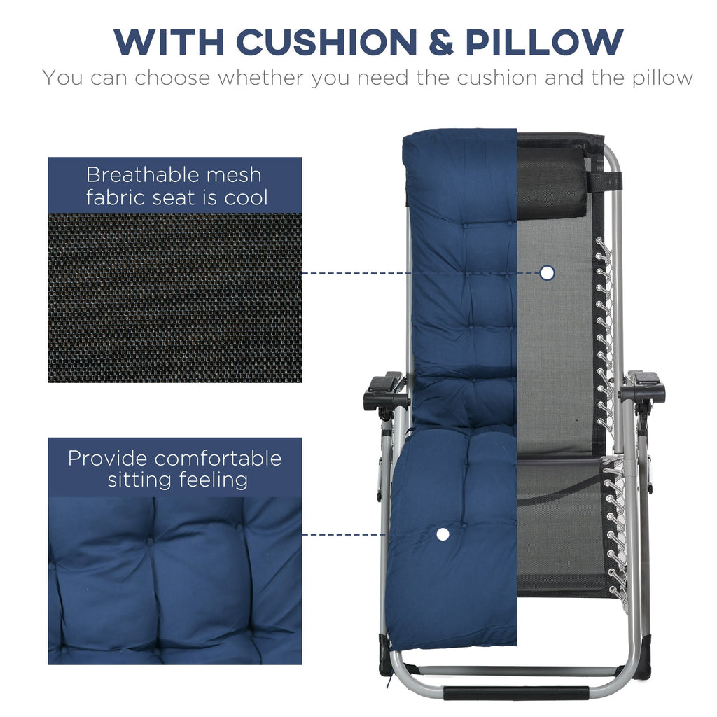 Reclining Zero Gravity Chair Set of 2, Folding Garden Chairs Set w/ Cushion, Dark Blue