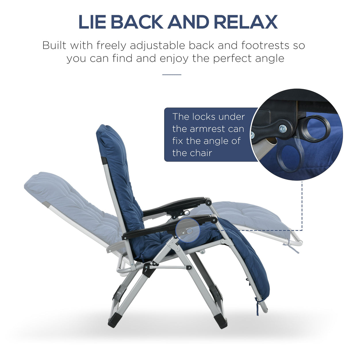 Reclining Zero Gravity Chair Set of 2, Folding Garden Chairs Set w/ Cushion, Dark Blue