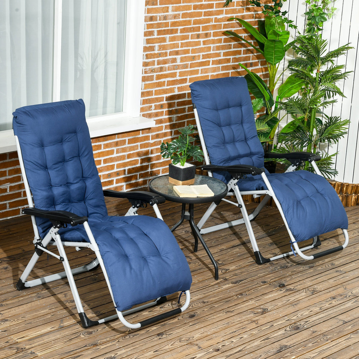 Reclining Zero Gravity Chair Set of 2, Folding Garden Chairs Set w/ Cushion, Dark Blue