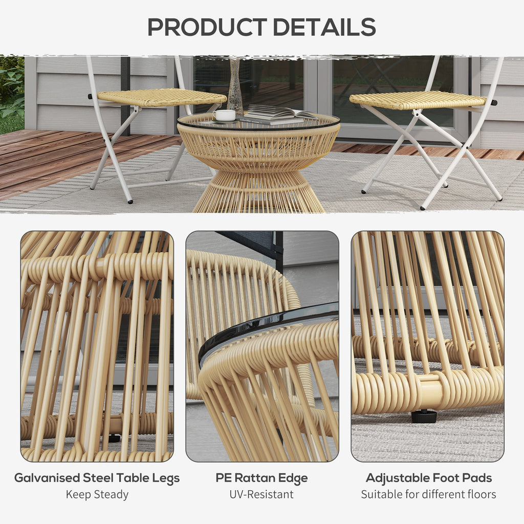 Rattan Outdoor Coffee Table with Tempered Glass Top, Nature Wood