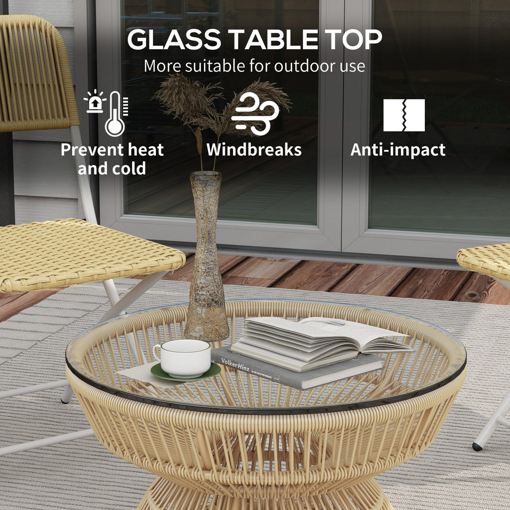 Rattan Outdoor Coffee Table with Tempered Glass Top, Nature Wood
