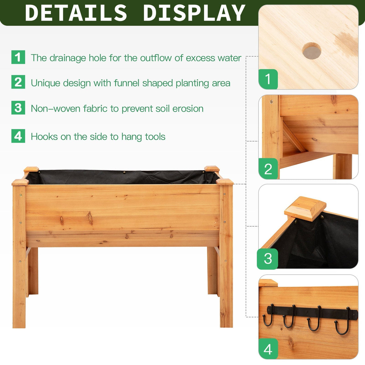 48" x 24" x 32" Raised Garden Bed with Funnel Design & Hooks, 660lb Capacity, Natural