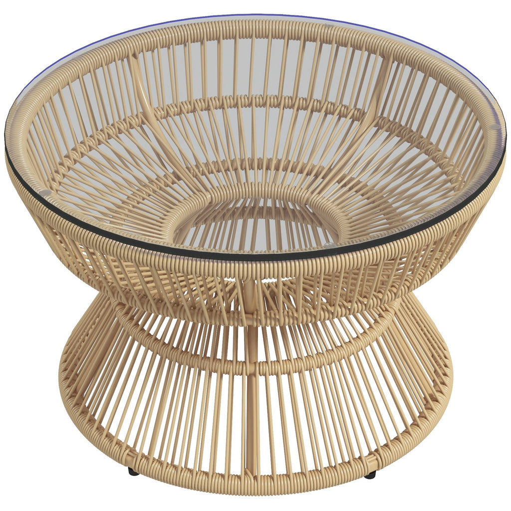 Rattan Outdoor Coffee Table with Tempered Glass Top, Nature Wood