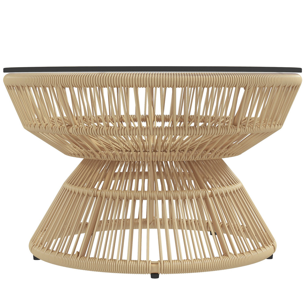 Rattan Outdoor Coffee Table with Tempered Glass Top, Nature Wood