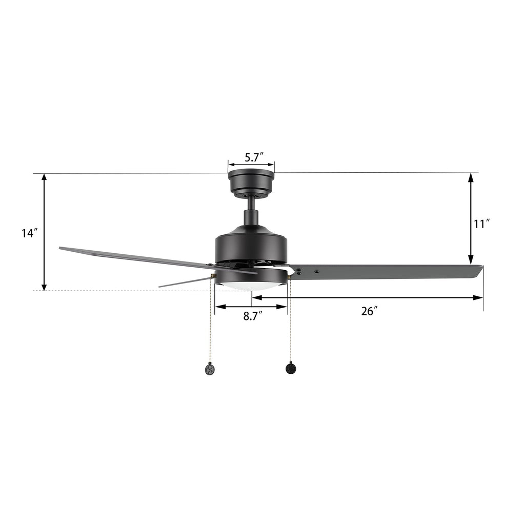 VINK 52 inch 3-Blade Ceiling Fan with LED Light & Pull Chain