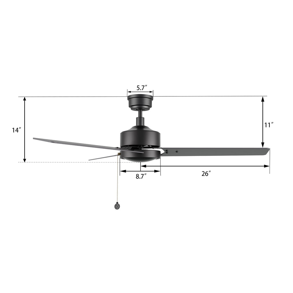 VINK 52 inch 3-Blade No Light Ceiling Fan with Pull Chain