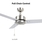 VINK 52 inch 3-Blade No Light Ceiling Fan with Pull Chain