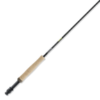 Side view of a St. Croix Connect Fly Rod featuring a black graphite shaft and a light-colored cork handle, designed for precision fly fishing and tailored for musky and ice fishing tackle.