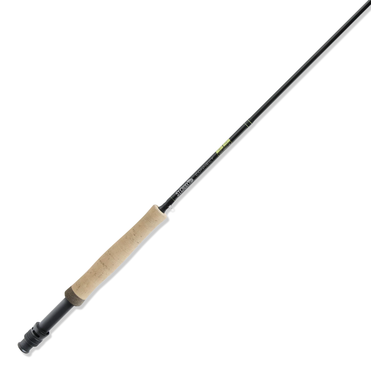 Side view of a St. Croix Connect Fly Rod featuring a black graphite shaft and a light-colored cork handle, designed for precision fly fishing and tailored for musky and ice fishing tackle.
