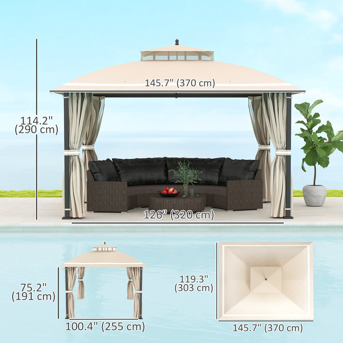 10' x 12' Double Roof Gazebo with Mosquito Netting & Curtains, Beige