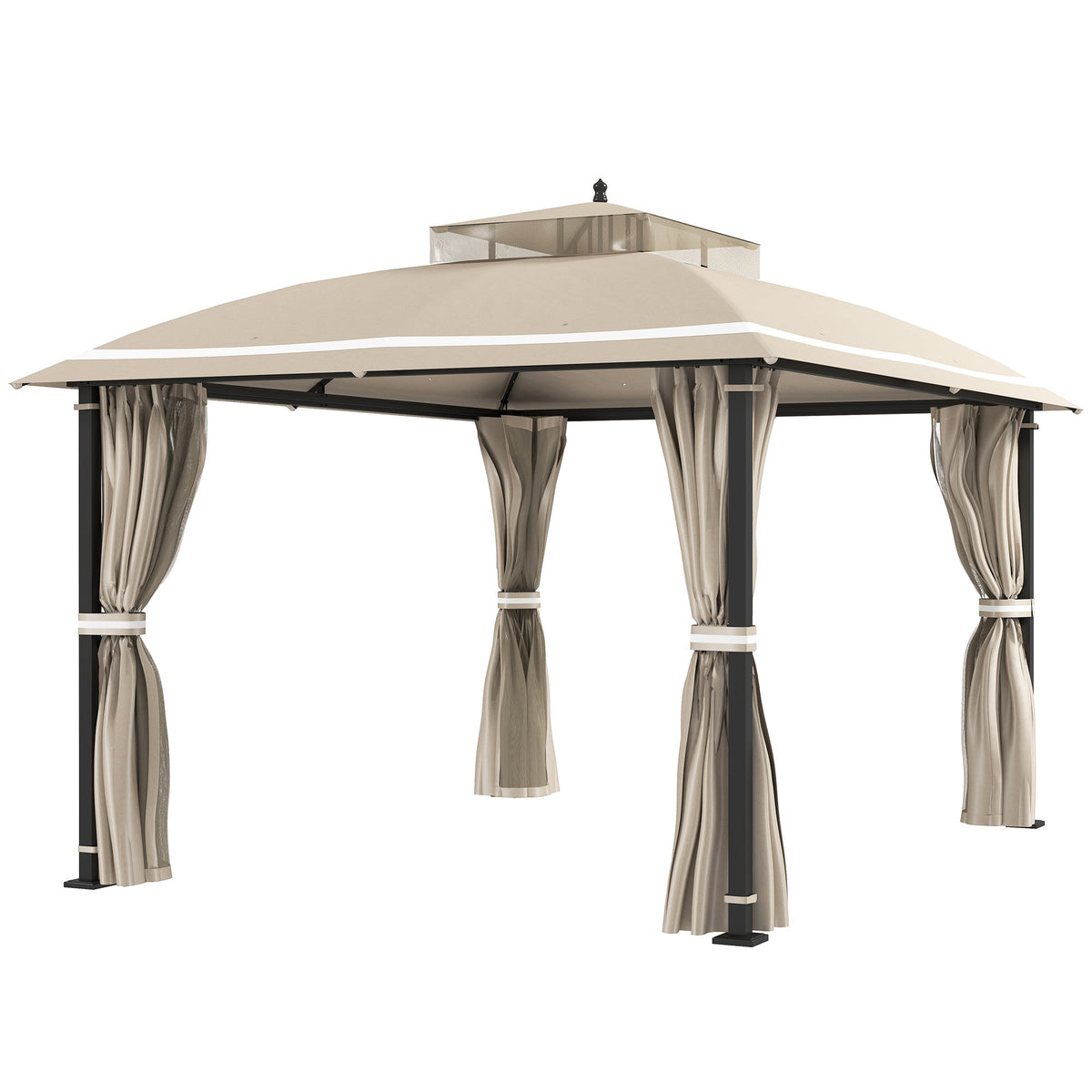 10' x 12' Double Roof Gazebo with Mosquito Netting & Curtains, Beige