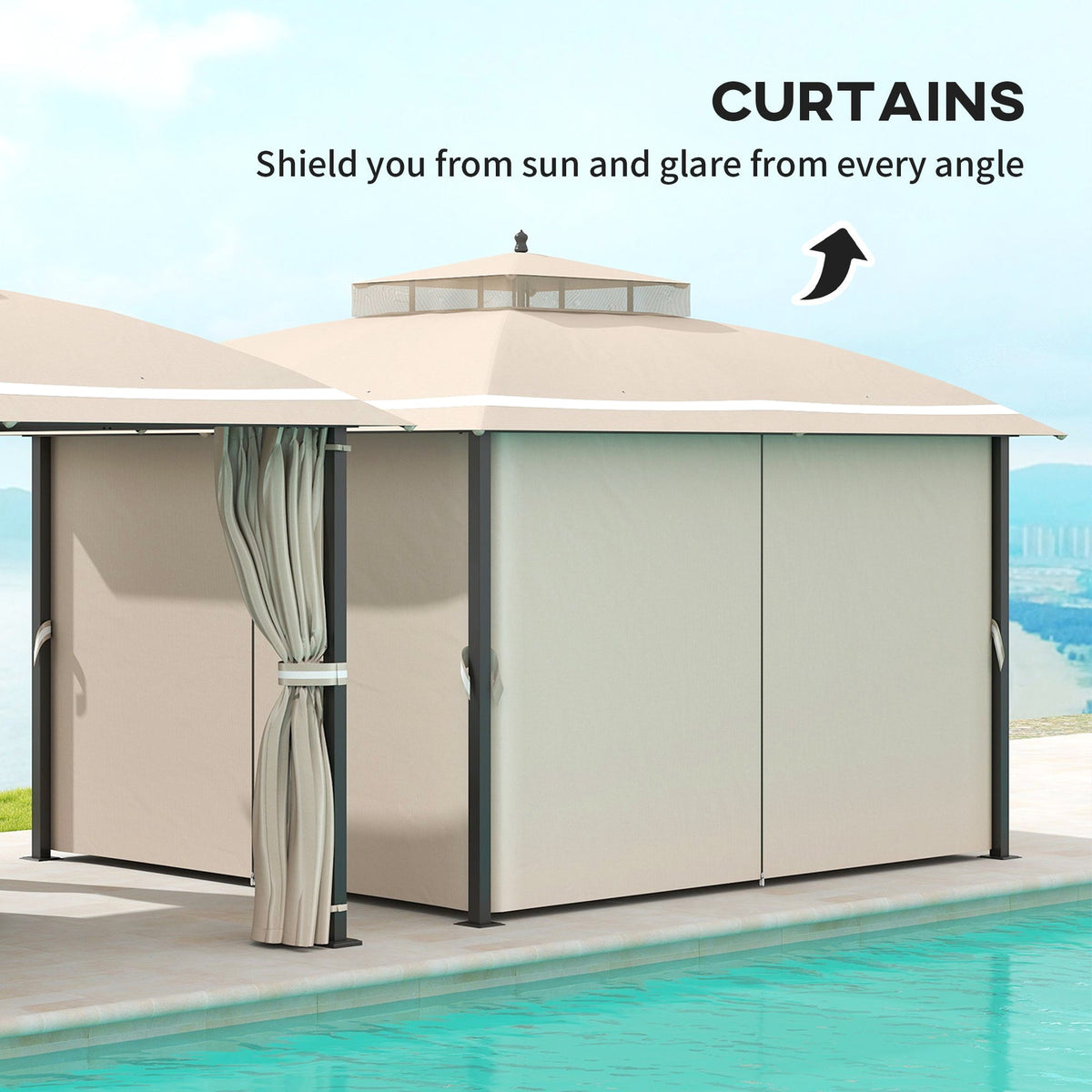 10' x 12' Double Roof Gazebo with Mosquito Netting & Curtains, Beige