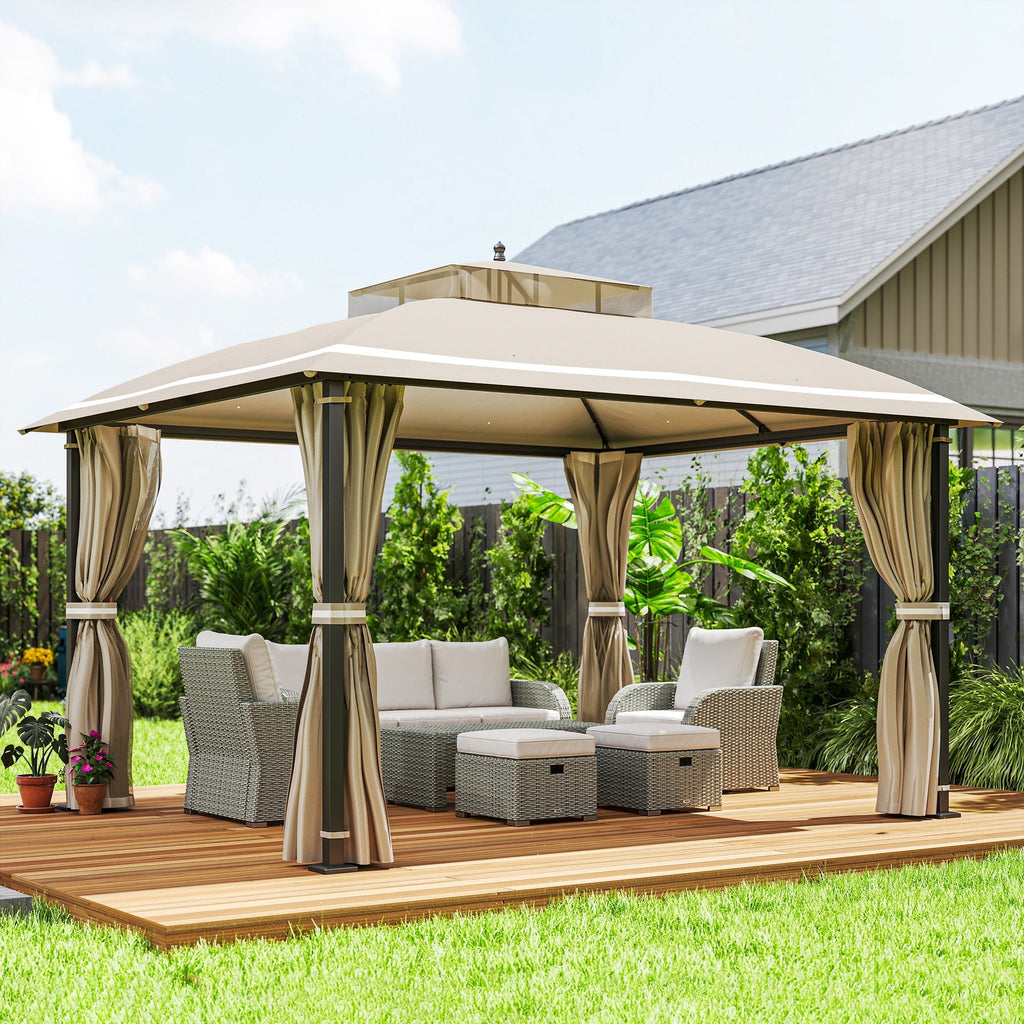 10' x 12' Double Roof Gazebo with Mosquito Netting & Curtains, Beige
