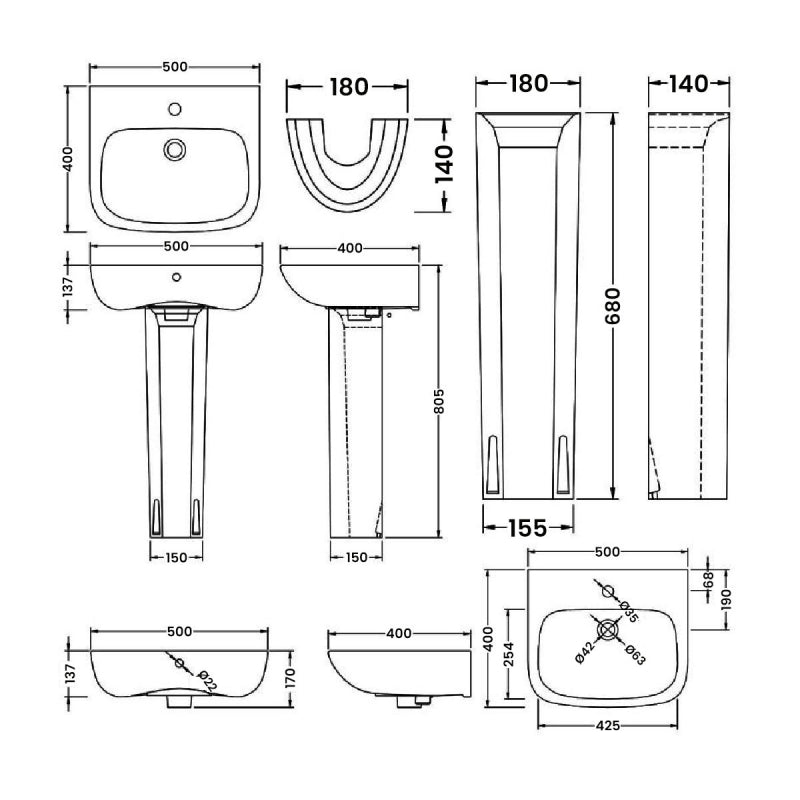 Line Basin with Pedestal - 1 TH - White