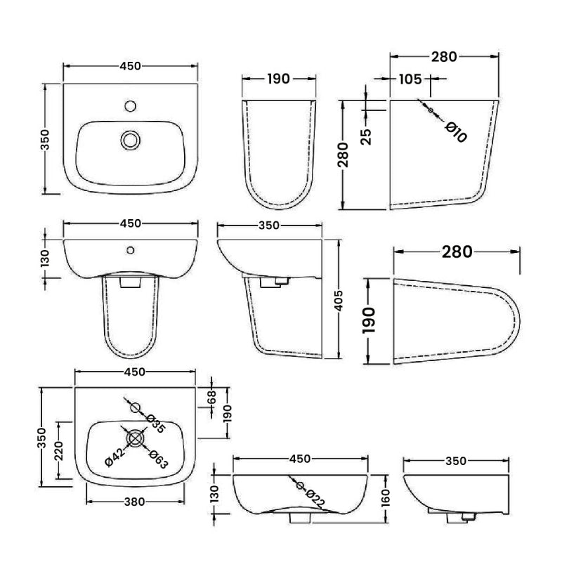Line Basin with Pedestal - 1 TH - White