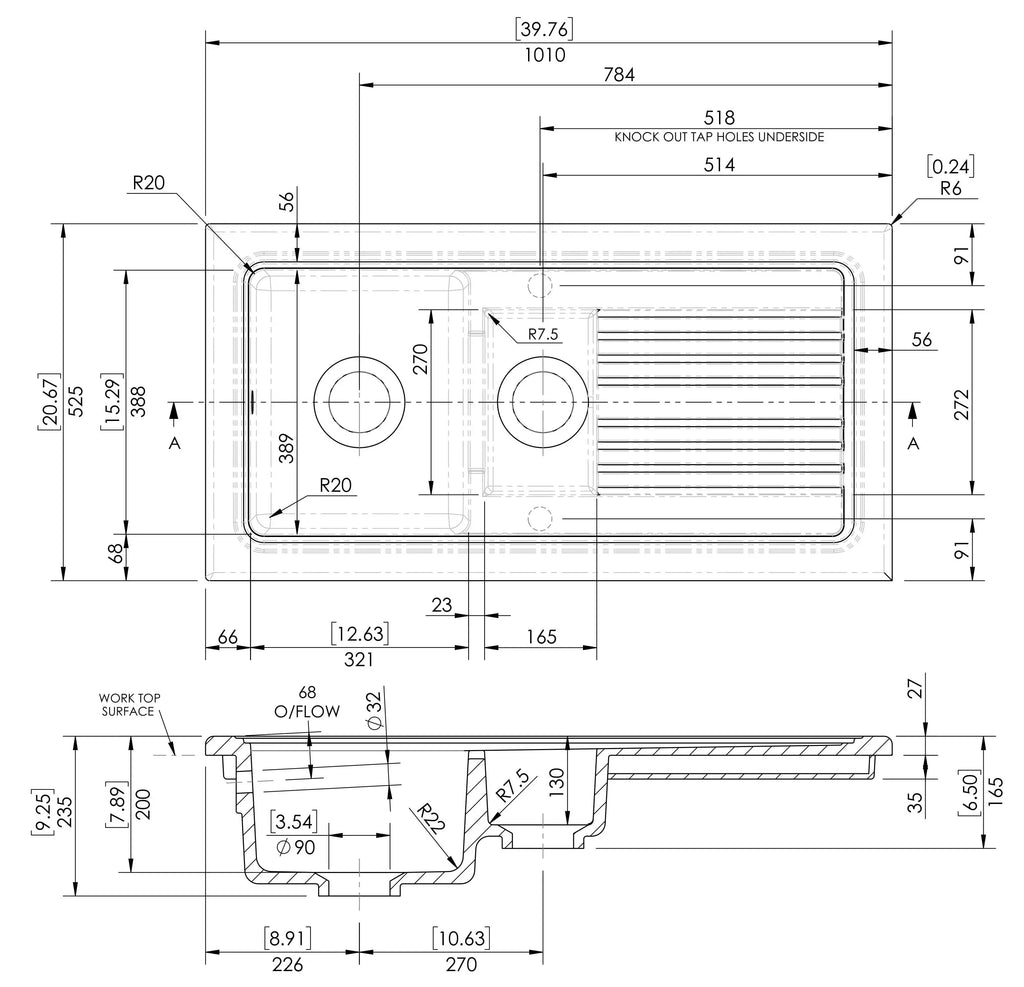 Inspire 1010mm 1.5 Bowl Rectangular Fluted Countertop Drainer Sink