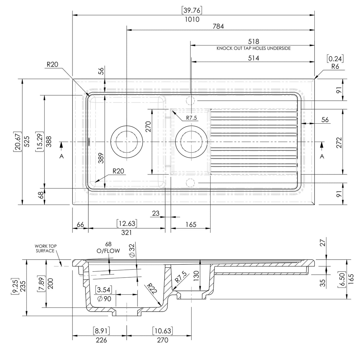 Inspire 1010mm 1.5 Bowl Rectangular Fluted Countertop Drainer Sink