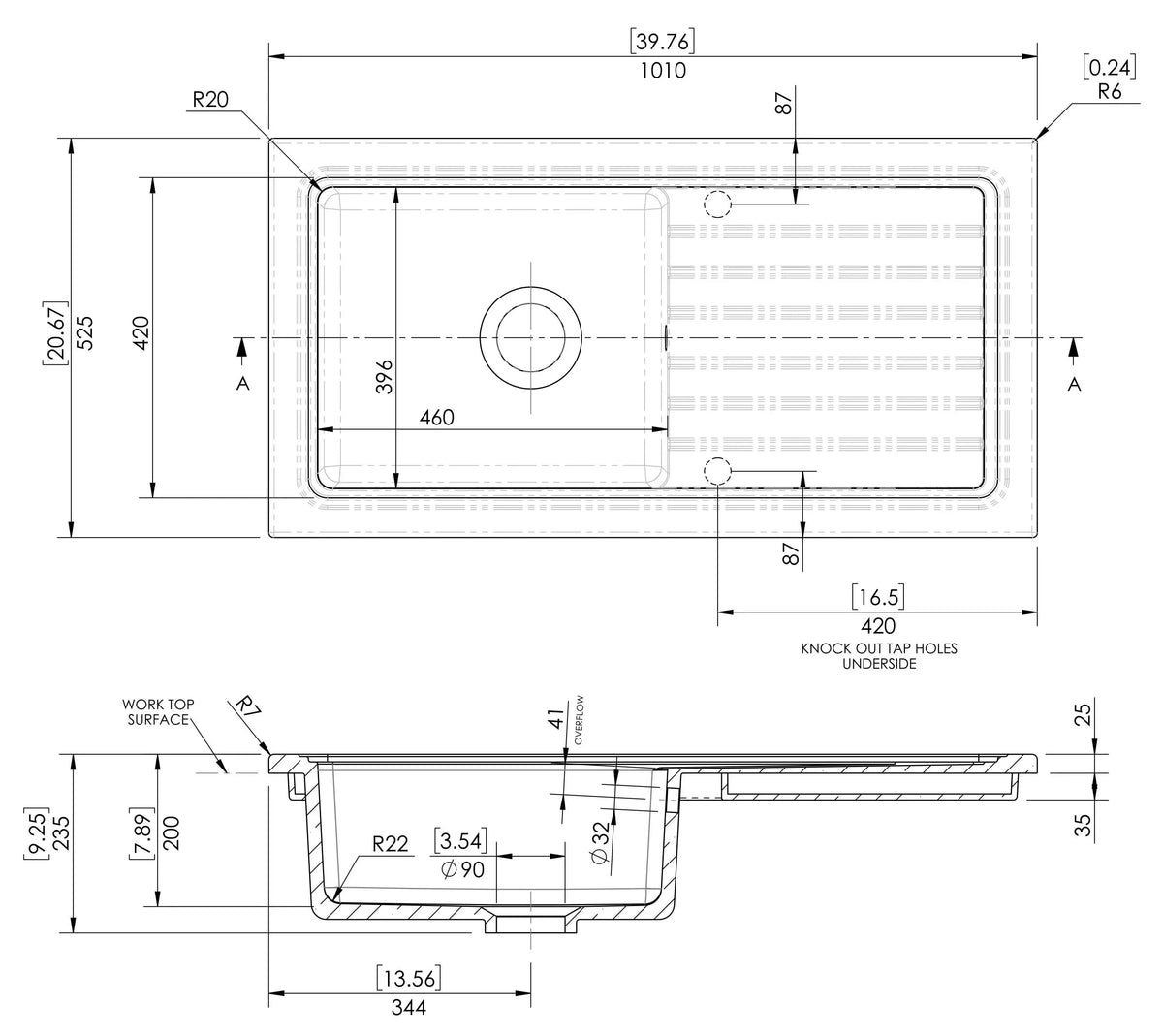 Inspire 1010mm Single Bowl Rectangular Fluted Countertop Drainer Sink