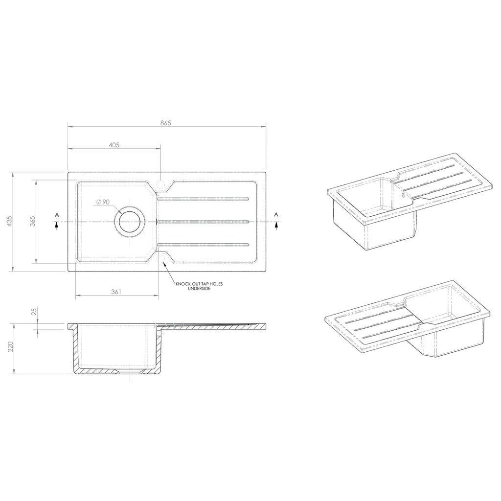 Inspire 865mm Single Bowl Compact Countertop Drainer Sink - White