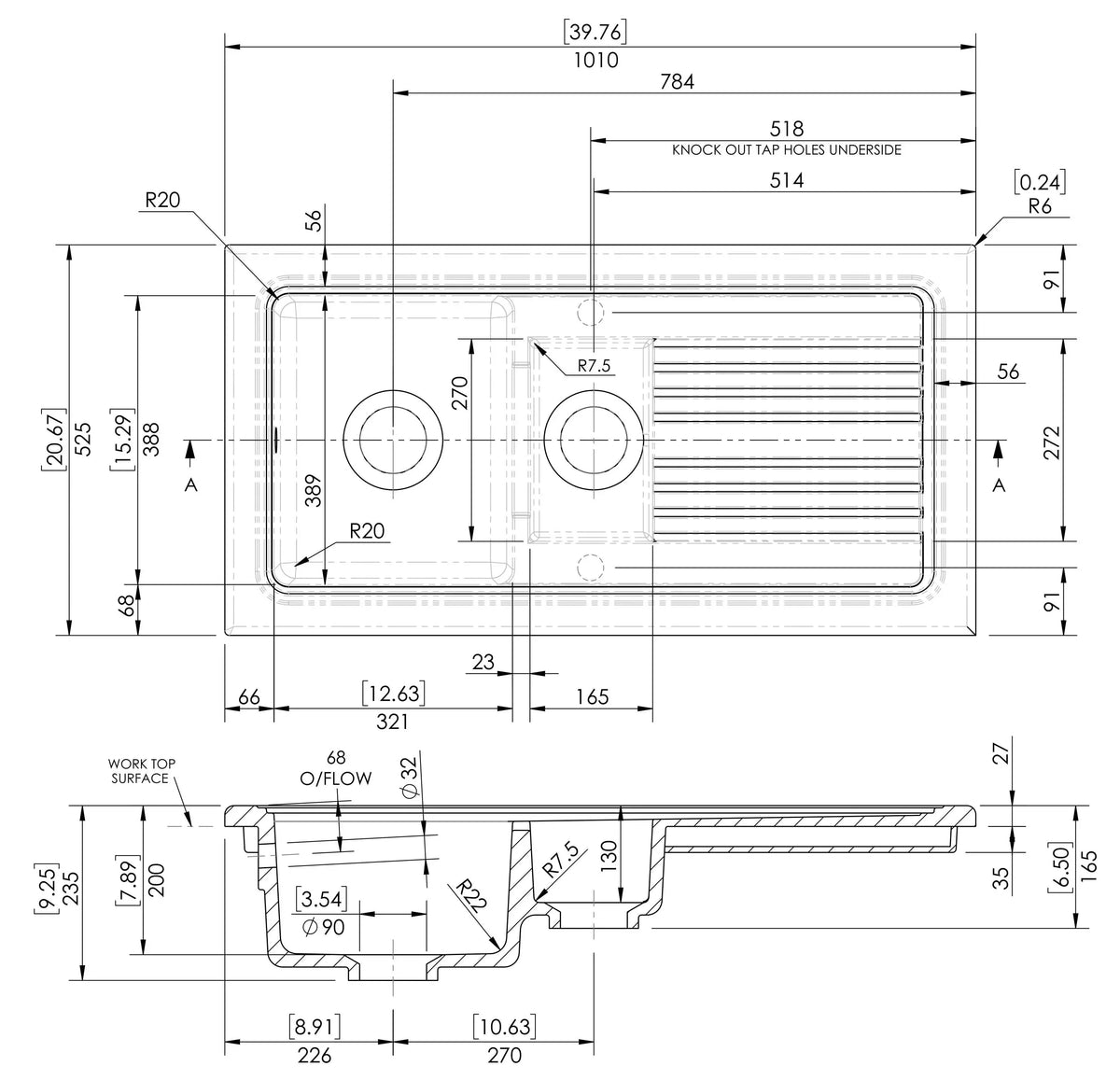 Inspire 1010mm 1.5 Bowl Rectangular Fluted Countertop Drainer Sink