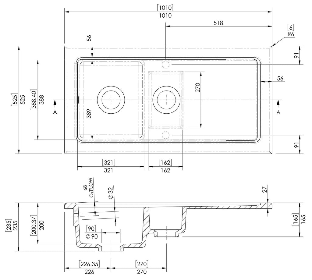 Inspire 1010mm 1.5 Bowl Rectangular Plain Countertop Drainer Sink