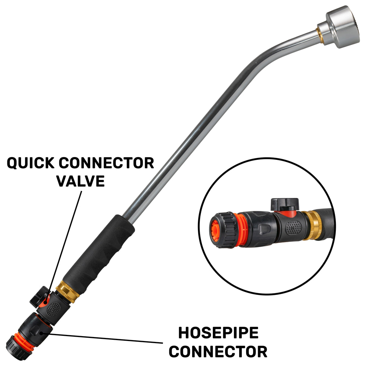 50cm Garden Watering Lance with Quick Connect Valve (Black) and Hose Connector