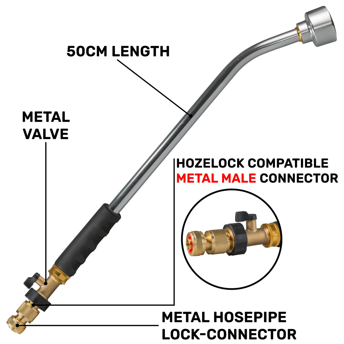 50cm Garden Watering Lance with Brass Valve and Quick Connect Hose Connector