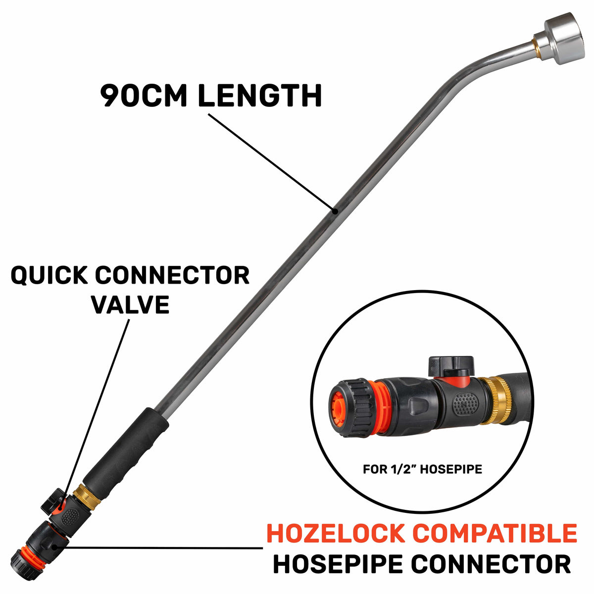 90cm Garden Watering Lance with Quick Connect Valve (Black) and Hose Connector